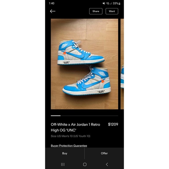 Jordan 1 retro university Blue off White men\'s 10 UNC